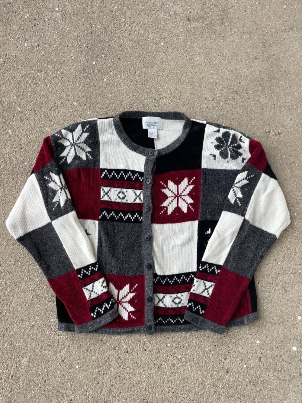 Vintage Y2K Cardigan Holiday Winter Christmas Burgundy Patchwork Snowflake sz M
